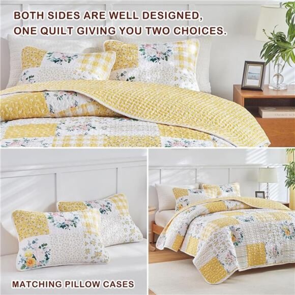 3 Pieces Floral Patchwork Quilt Set Queen, Yellow n White Flowers - Picture 6 of 8